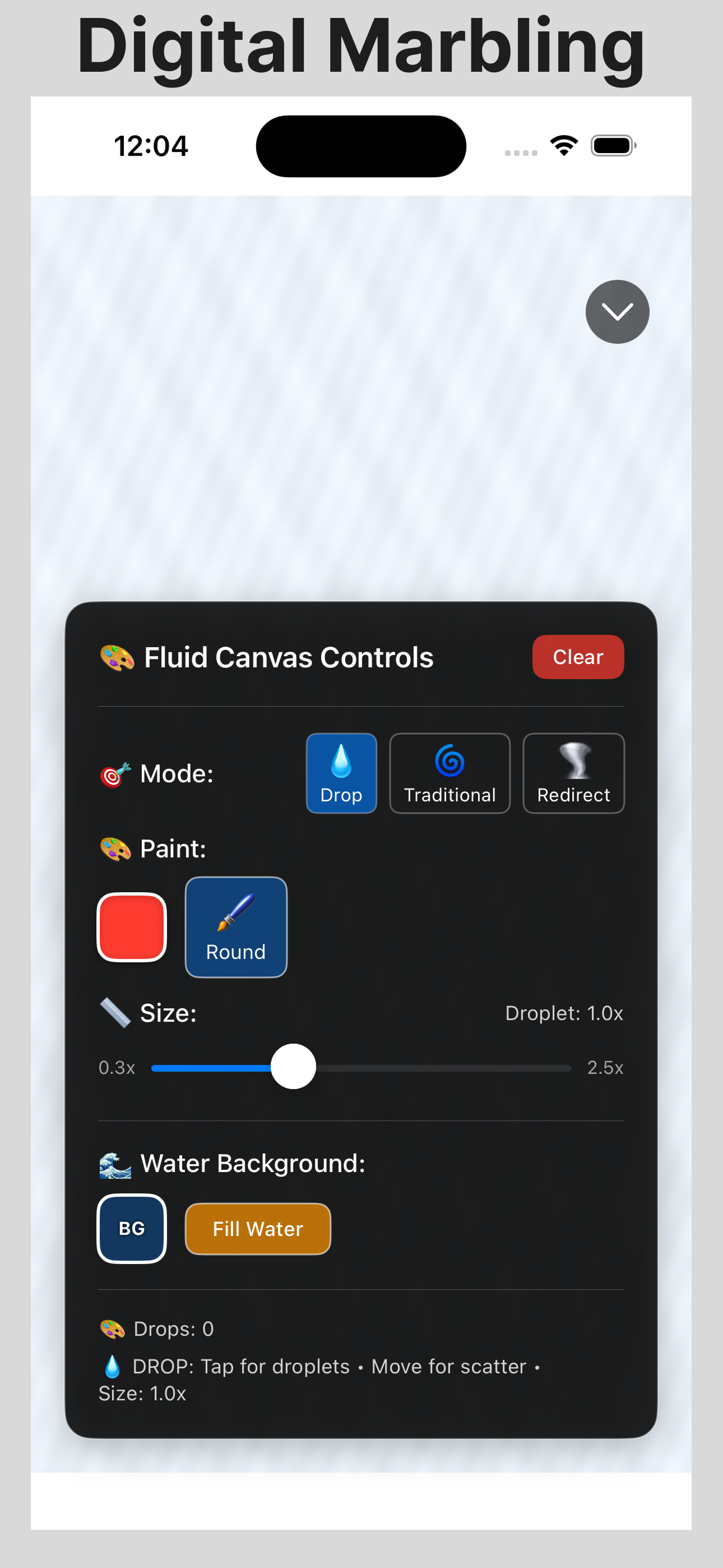 FluidCanvas - Main app interface showing digital marbling art application FluidCanvas digital marbling app showing fluid art creation tools