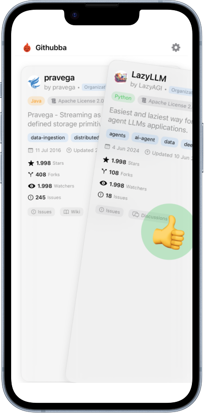 githubba - Main app interface showing swipe to discover github repos githubba GitHub repository discovery app showing swipe-based interface