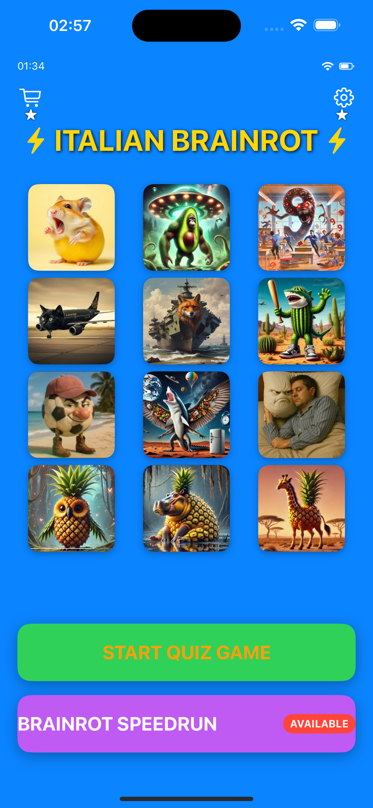 Italian Brainrot - Main app interface showing learn italian through fun character quizzes Italian Brainrot app main interface screenshot