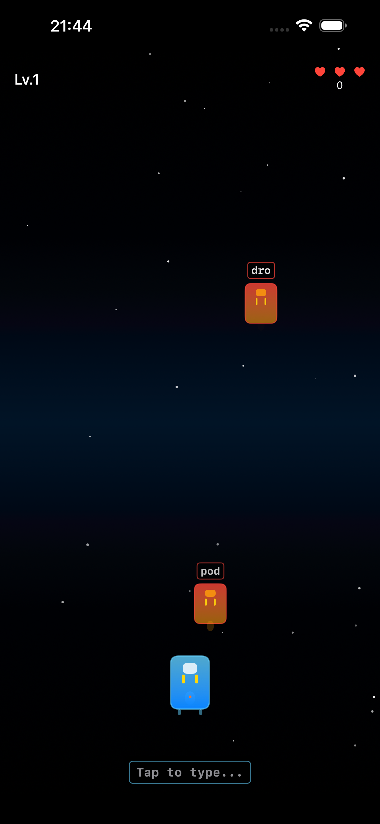 StarType - Main app interface showing fast-paced typing space adventure StarType space typing game showing spaceship navigating through asteroid field