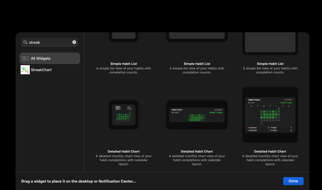 StreakChart - Main app interface showing visual habit tracking StreakChart habit tracking interface showing color-coded daily progress grid