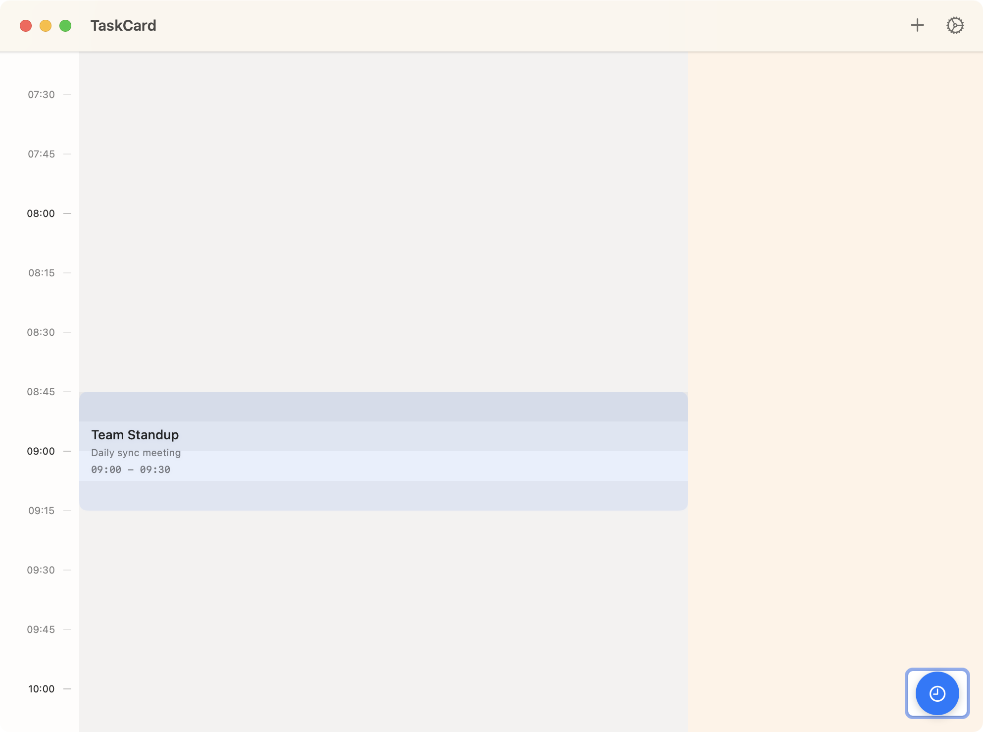 TaskCard - Main app interface showing auto-postponing task planner TaskCard app home screen showing task list and time block view with drag-and-drop interface