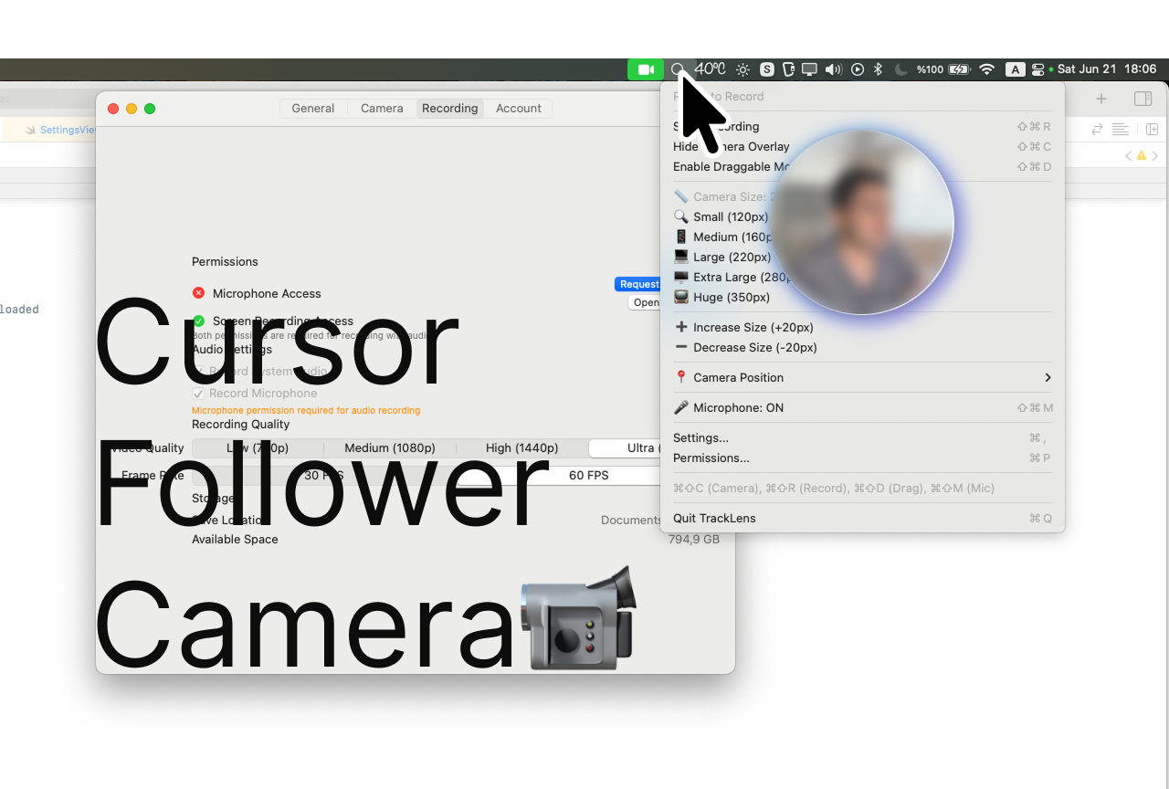 TrackLens - Main app interface showing record screen with camera TrackLens screen recording app interface with camera overlay controls